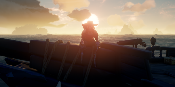 Image of a pirate sitting on the bow of her boat screen captured from Sea of Thieves